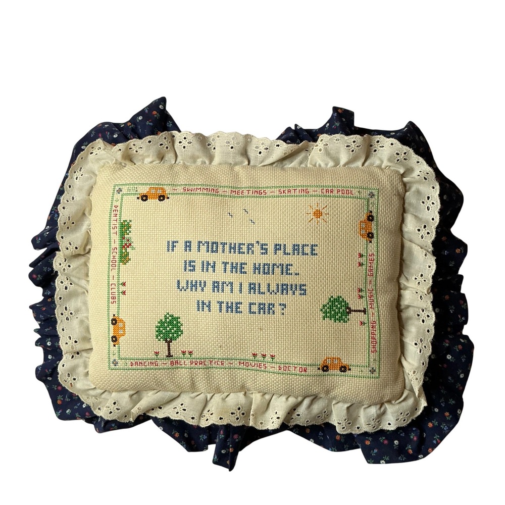 Handmade Cross Stitch Pillow A Mothers Place Floral Ruffle‎ Accent